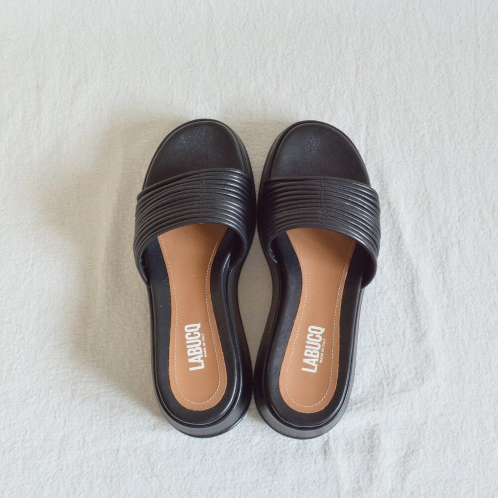 Labucq black Caye Nappa Leather Corded Vamp Platform Wedge Slide Sandal size 39 - Picture 3 of 5